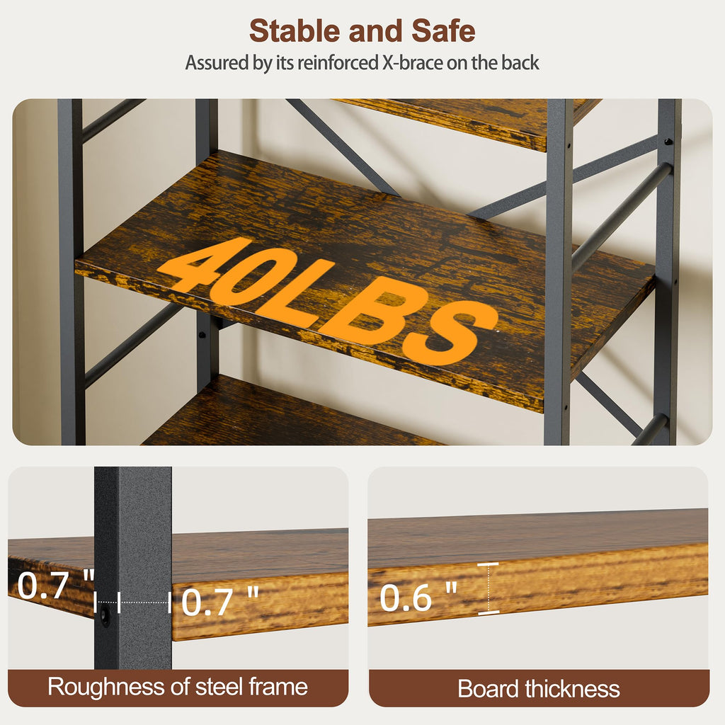 5 Tier Rustic Brown Bookshelf with Metal Frame U5667