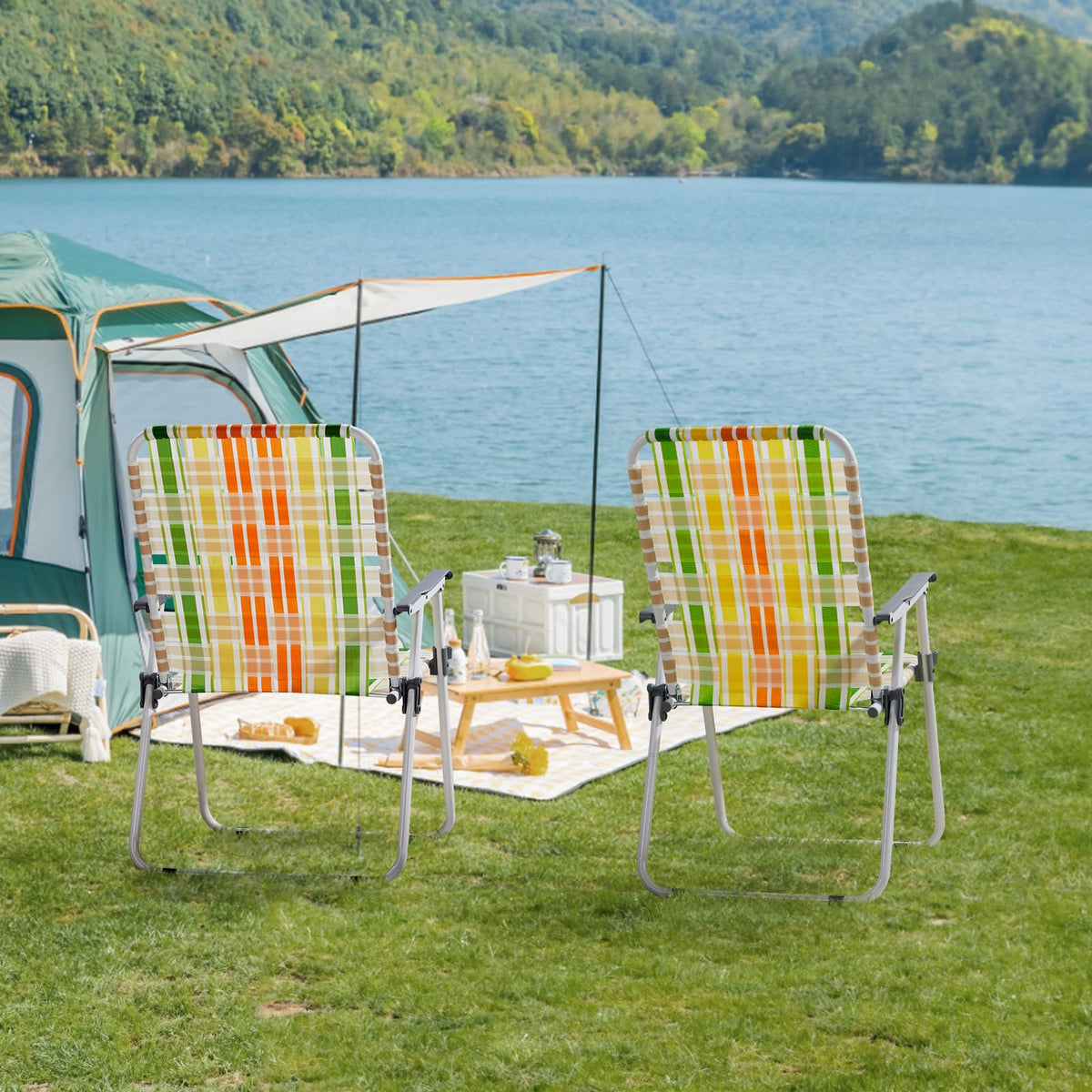 Set of 2 Webbed Folding Beach Chairs Yellow & Green P52637