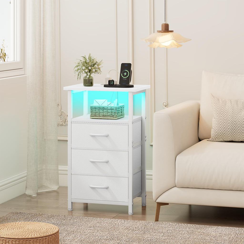 White Nightstand with Charging Station and 3 Fabric Drawers K9726