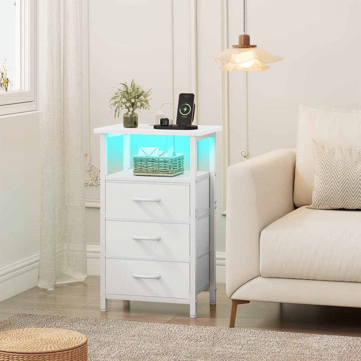 White Nightstand with Charging Station and 3 Fabric Drawers K9726