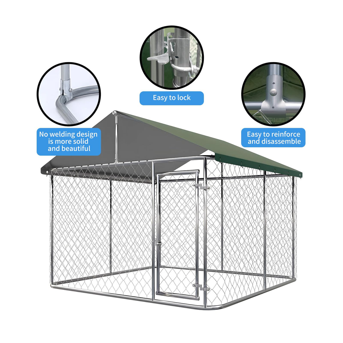 Large Outdoor Dog Kennel with Roof, Heavy Duty Galvanized Steel, 10'x10' Lockable D8252
