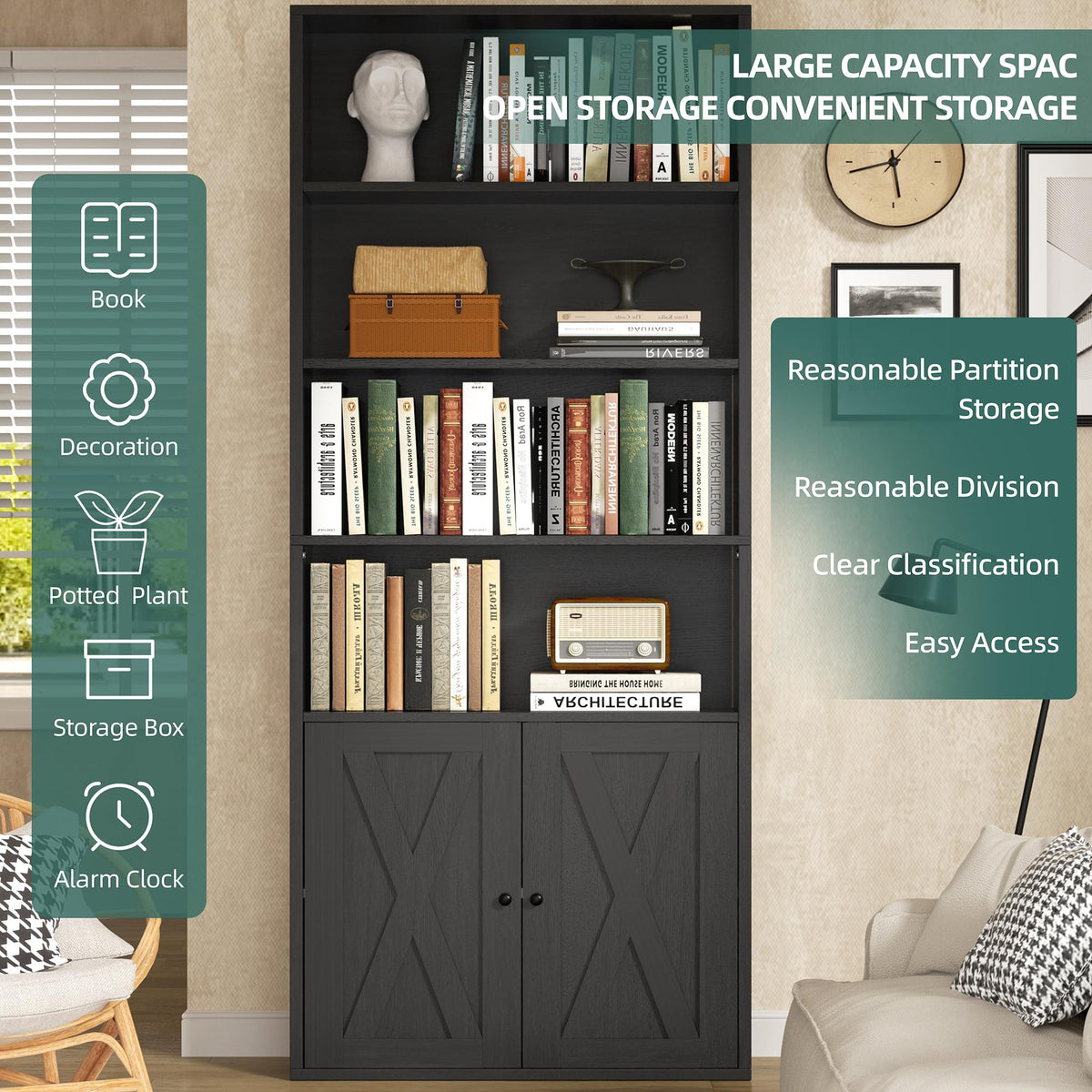 Black 6 Shelf Bookshelf with Doors T385