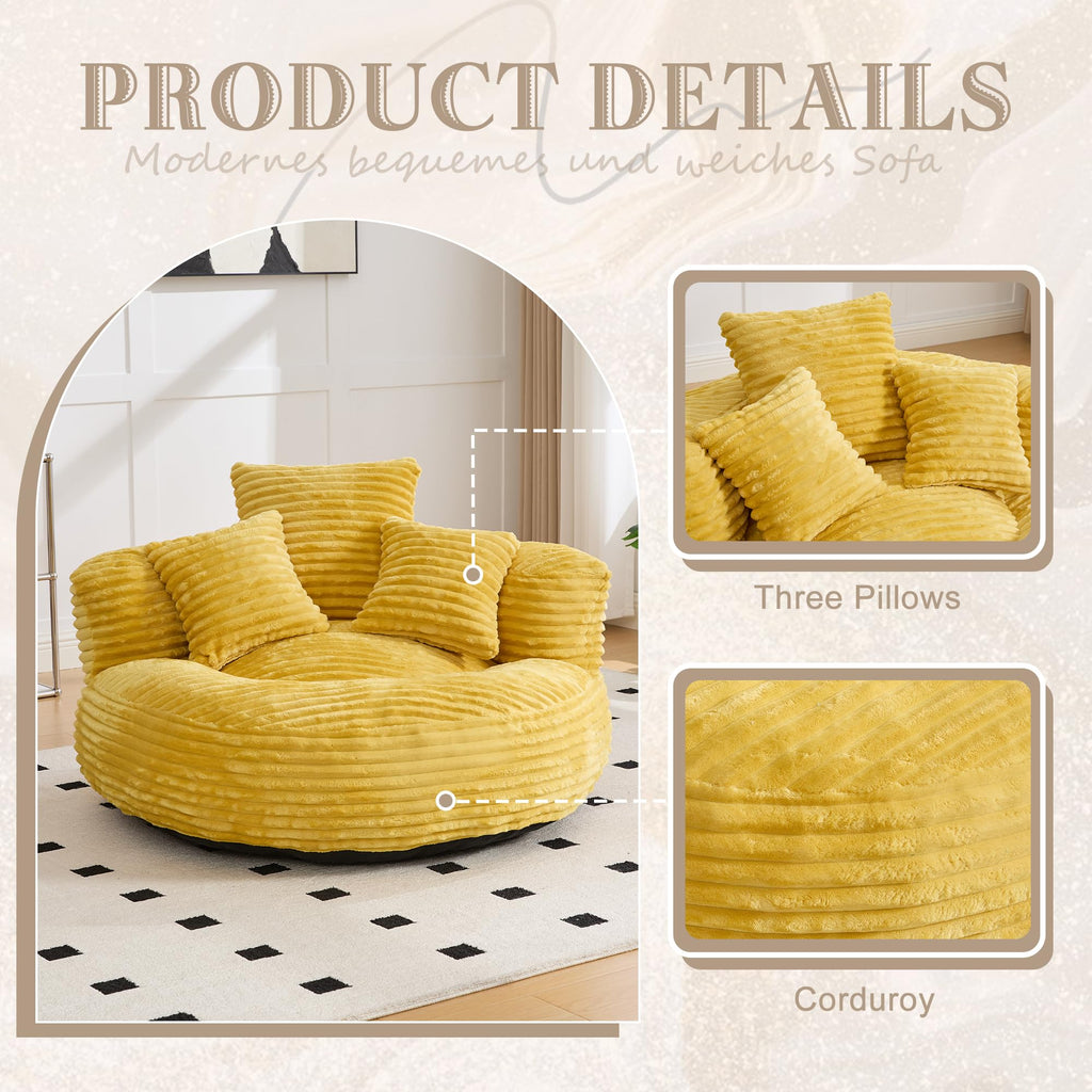 Oversized Memory Foam Bean Bag Chair with Pillows and Backrest, Mustard Yellow E44210