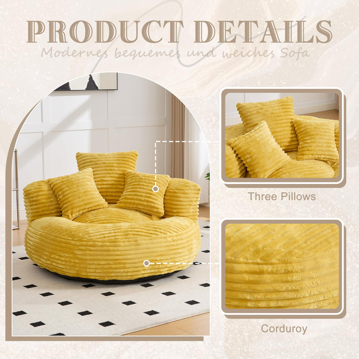 Oversized Memory Foam Bean Bag Chair with Pillows and Backrest, Mustard Yellow E44210