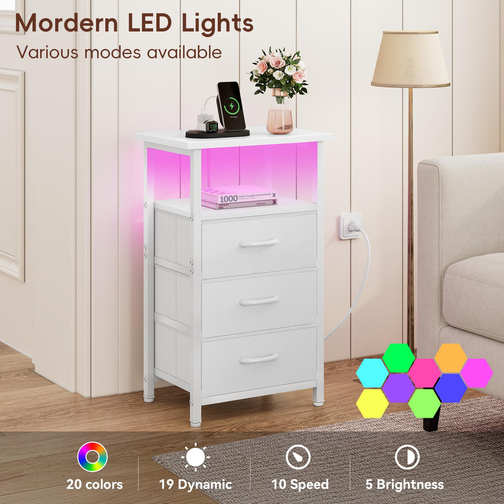 White Nightstand with Charging Station and 3 Fabric Drawers K9726