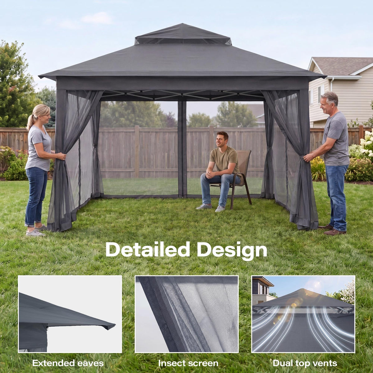 11x11 Pop Up Gazebo Canopy Tent with Mosquito Netting, Adjustable Height, Gray I179