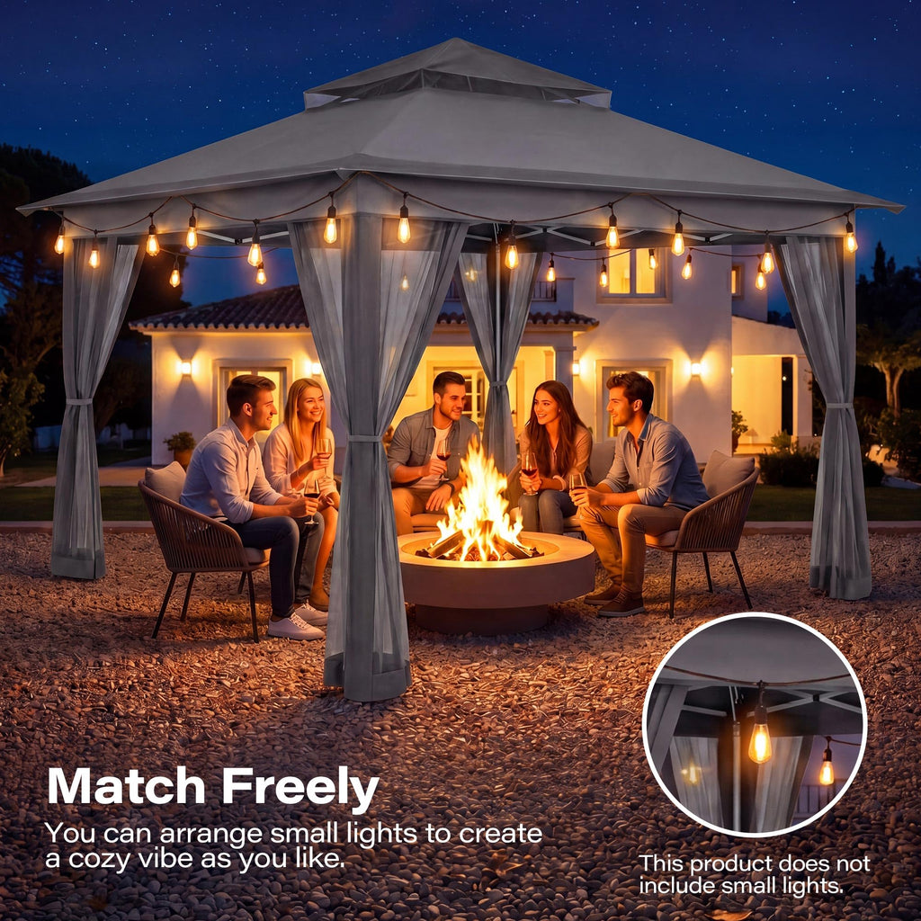 11x11 Pop Up Gazebo Canopy Tent with Mosquito Netting, Adjustable Height, Gray I179
