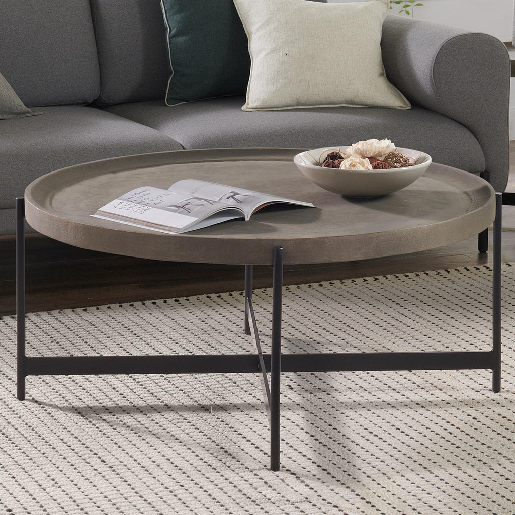 42-Inch Round Concrete-Coated Wood Coffee Table with Tray Top E981