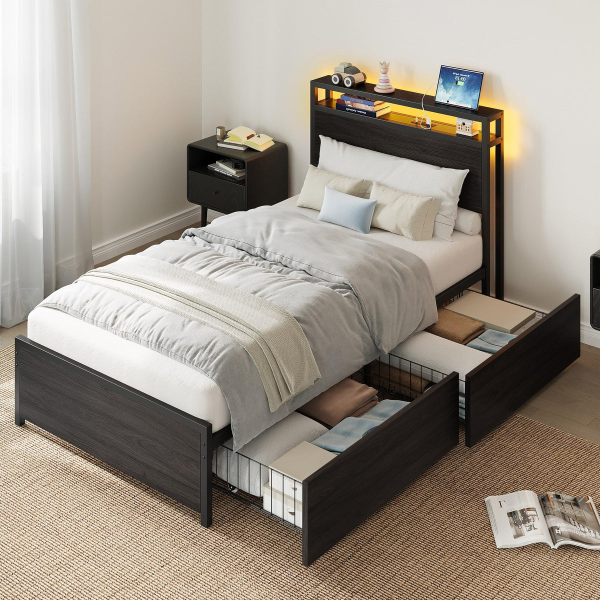 Twin Bed Frame with Storage Drawers and LED Light W61765