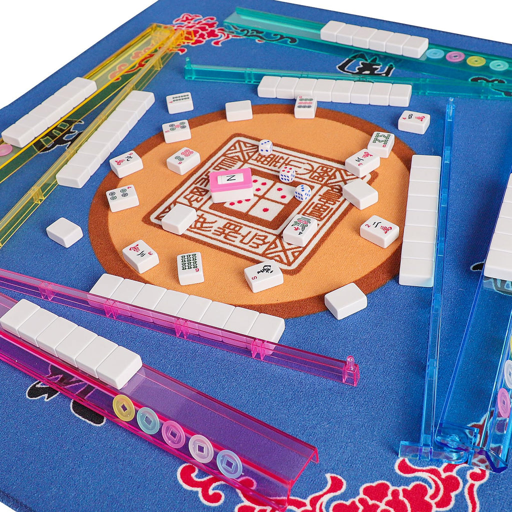 American Mahjong Game Set, 166 White Tiles, 4 Color Rack/Pushers, Blue Carrying Bag D719