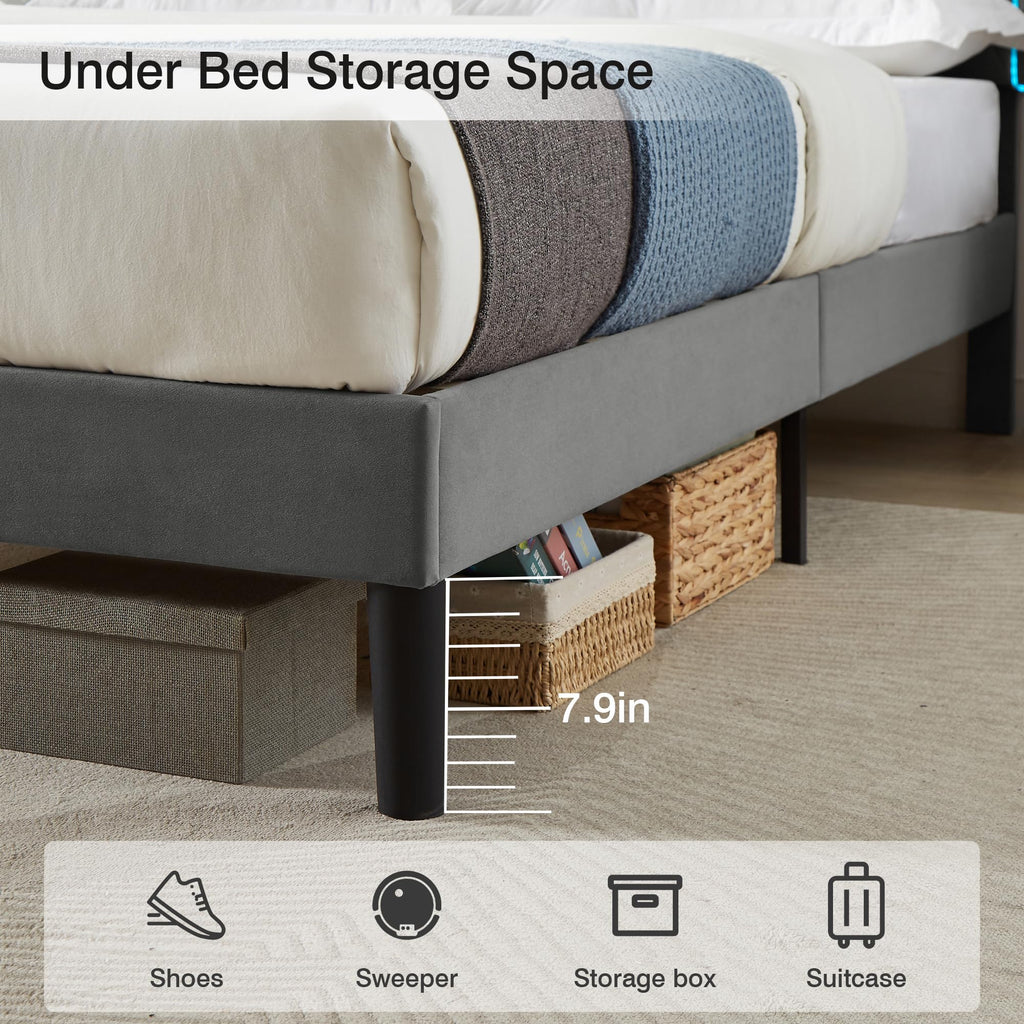 Dark Grey Velvet Upholstered Queen Bed Frame with Headboard Y655804