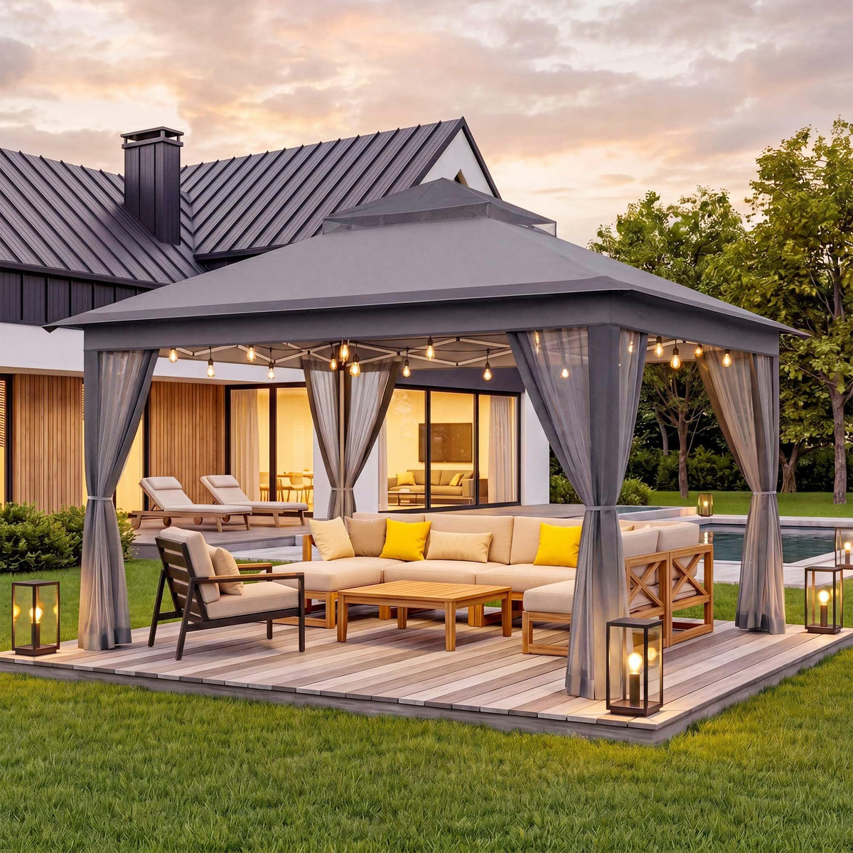 11x11 Pop Up Gazebo Canopy Tent with Mosquito Netting, Adjustable Height, Gray I179