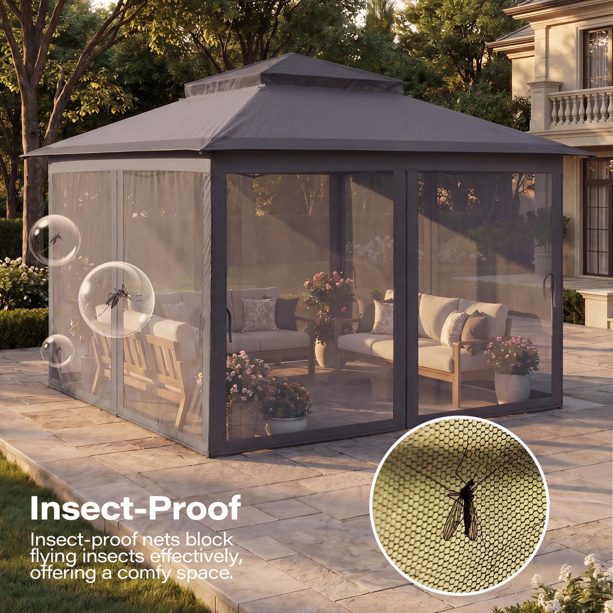 11x11 Pop Up Gazebo Canopy Tent with Mosquito Netting, Adjustable Height, Gray I179
