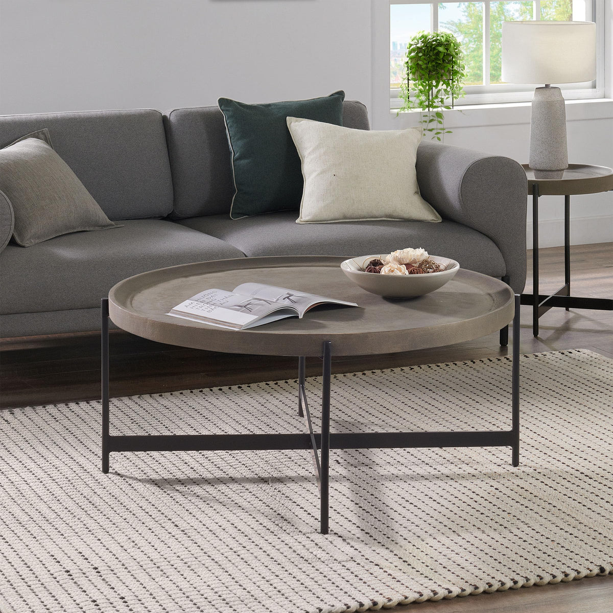 42-Inch Round Concrete-Coated Wood Coffee Table with Tray Top E981