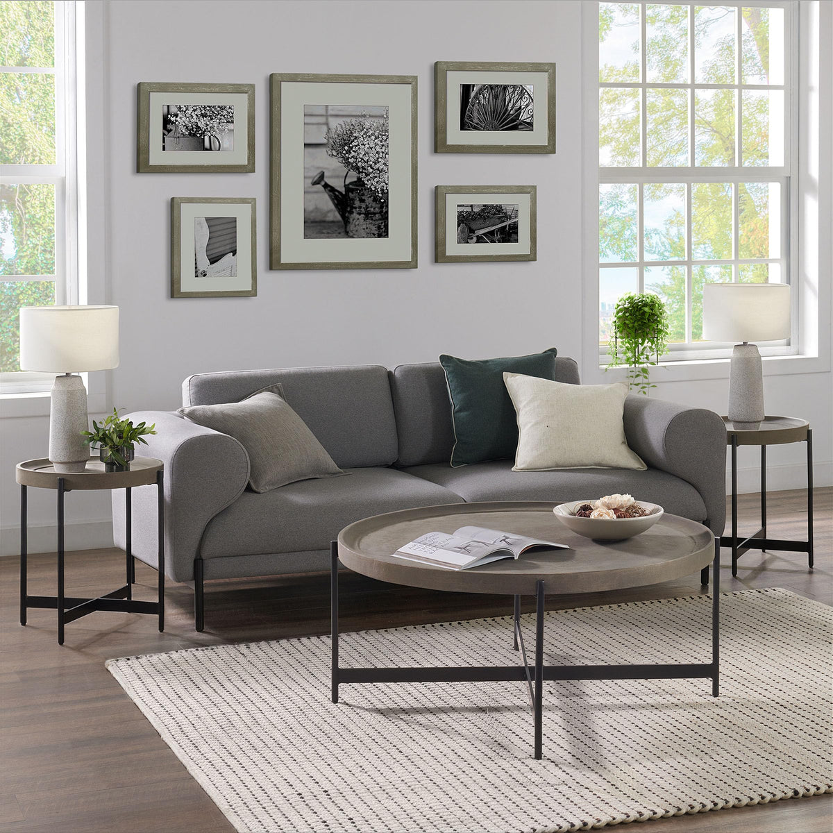 42-Inch Round Concrete-Coated Wood Coffee Table with Tray Top E981
