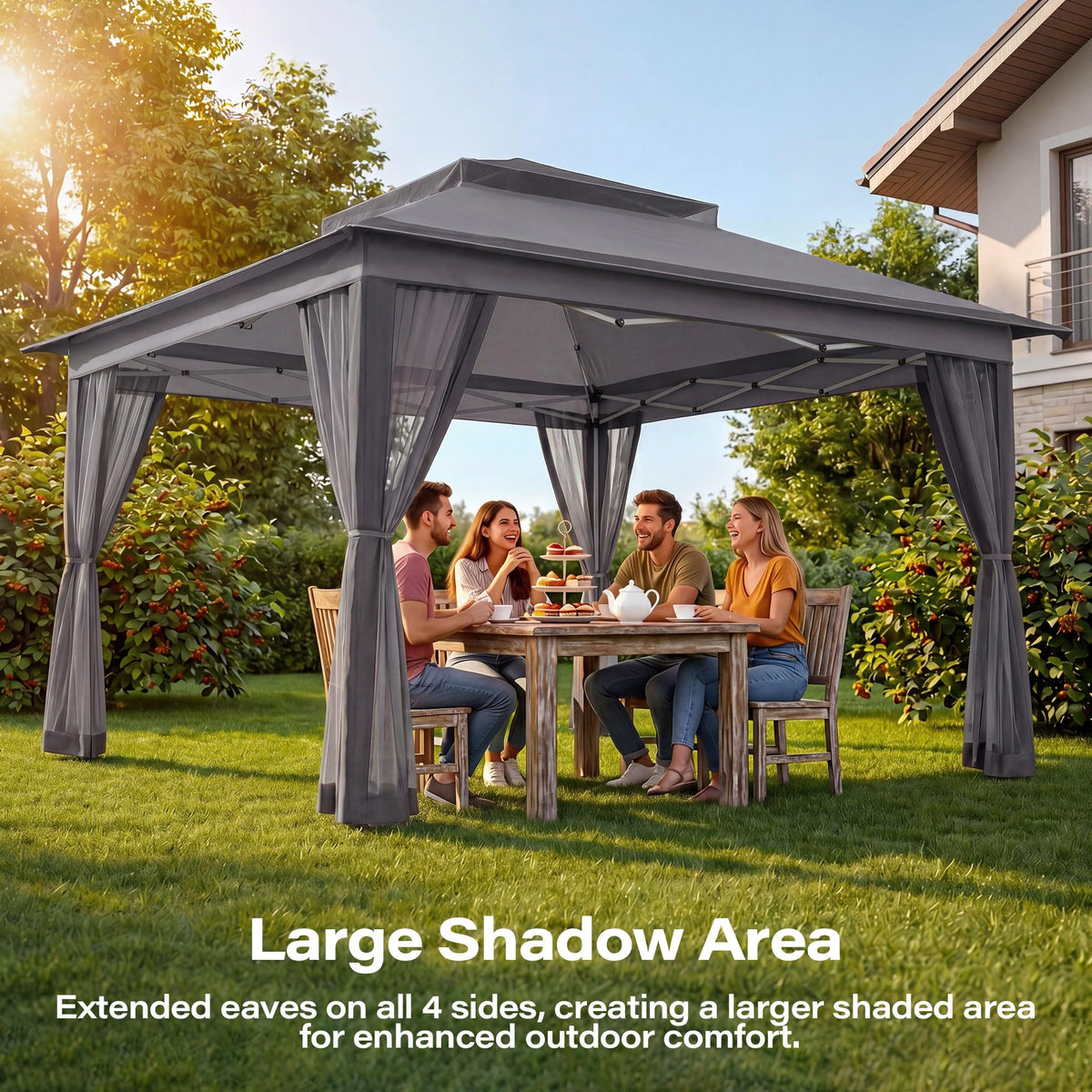 11x11 Pop Up Gazebo Canopy Tent with Mosquito Netting, Adjustable Height, Gray I179
