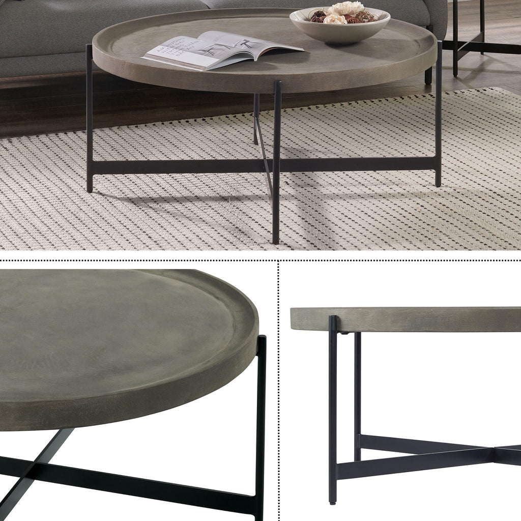 42-Inch Round Concrete-Coated Wood Coffee Table with Tray Top E981