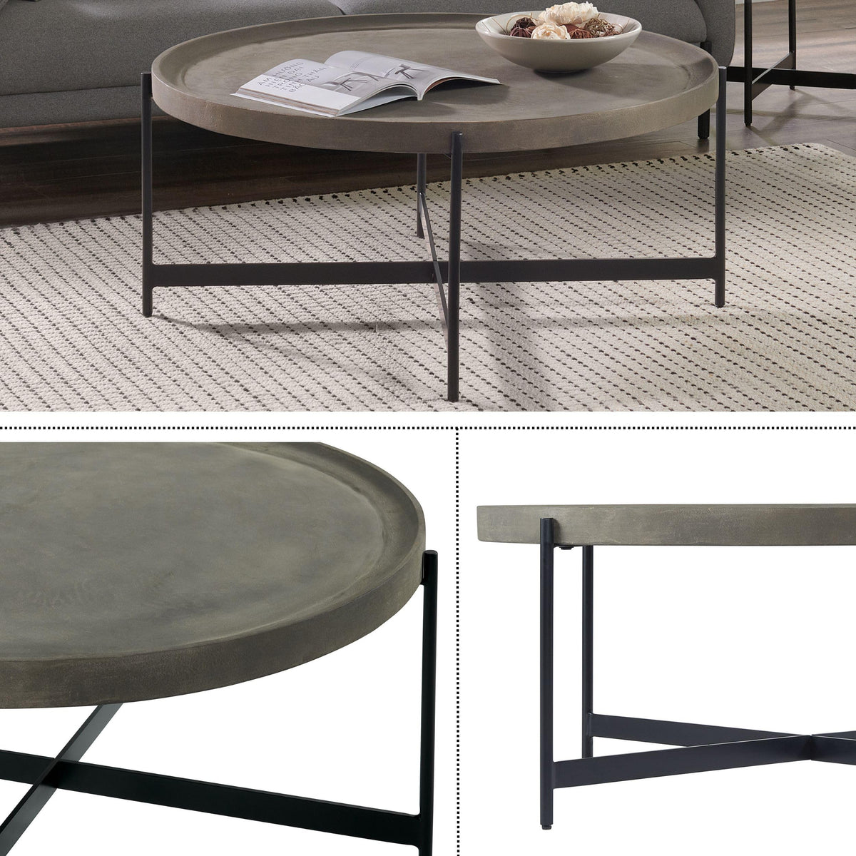 42-Inch Round Concrete-Coated Wood Coffee Table with Tray Top E981