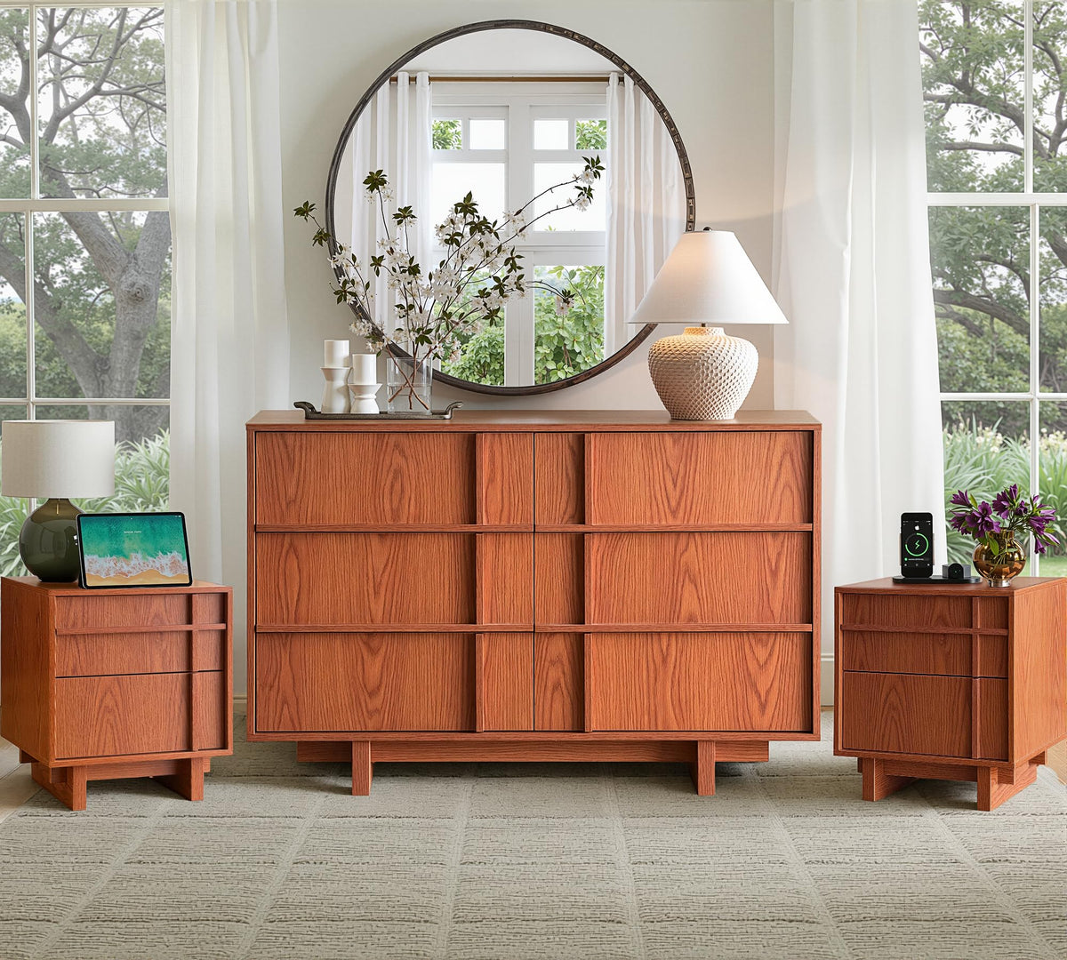 47" Wide 6 Drawer Dresser and Nightstand Set 3 Piece, Cherry P592954