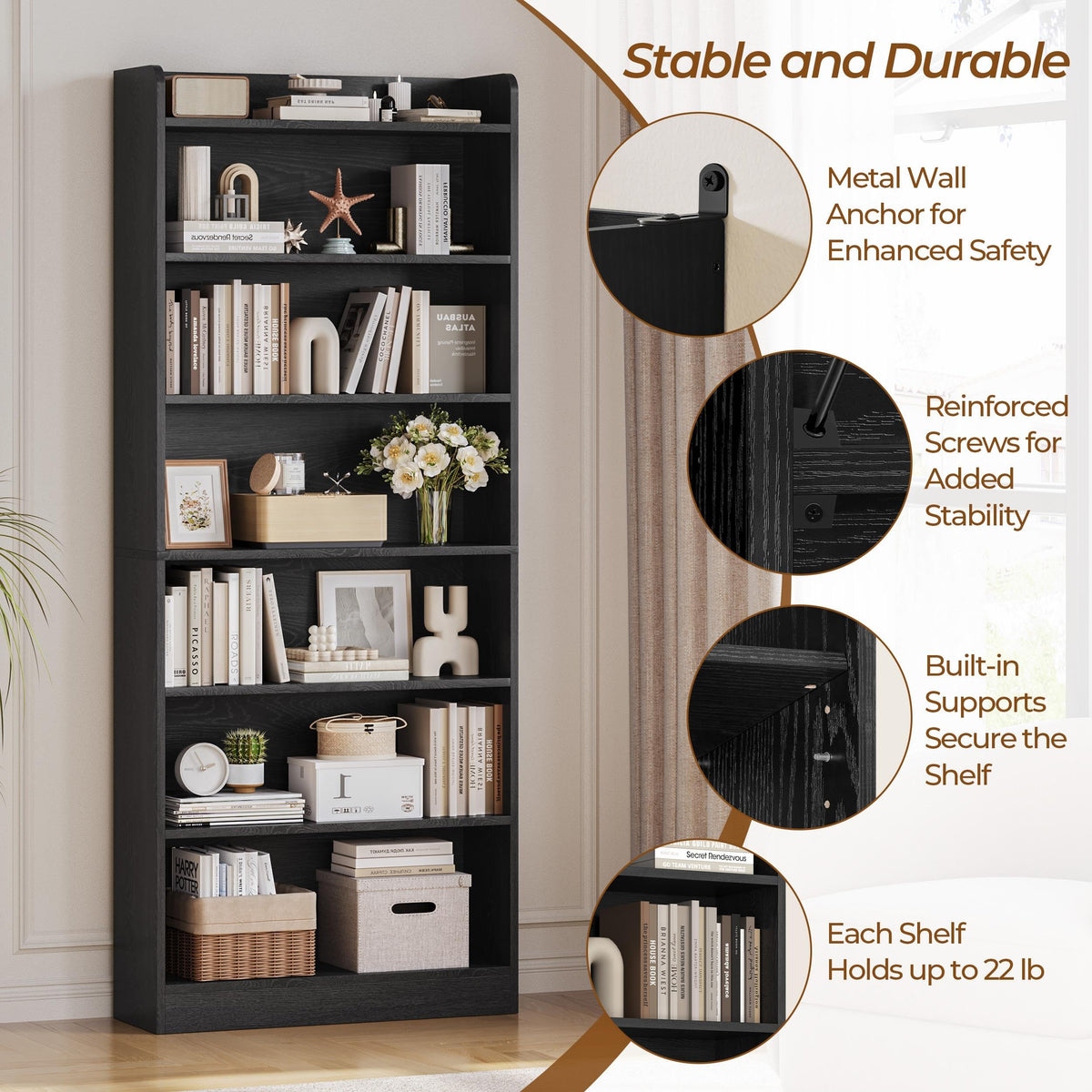 Black 7-Tier Adjustable Shelves Bookcase P23075
